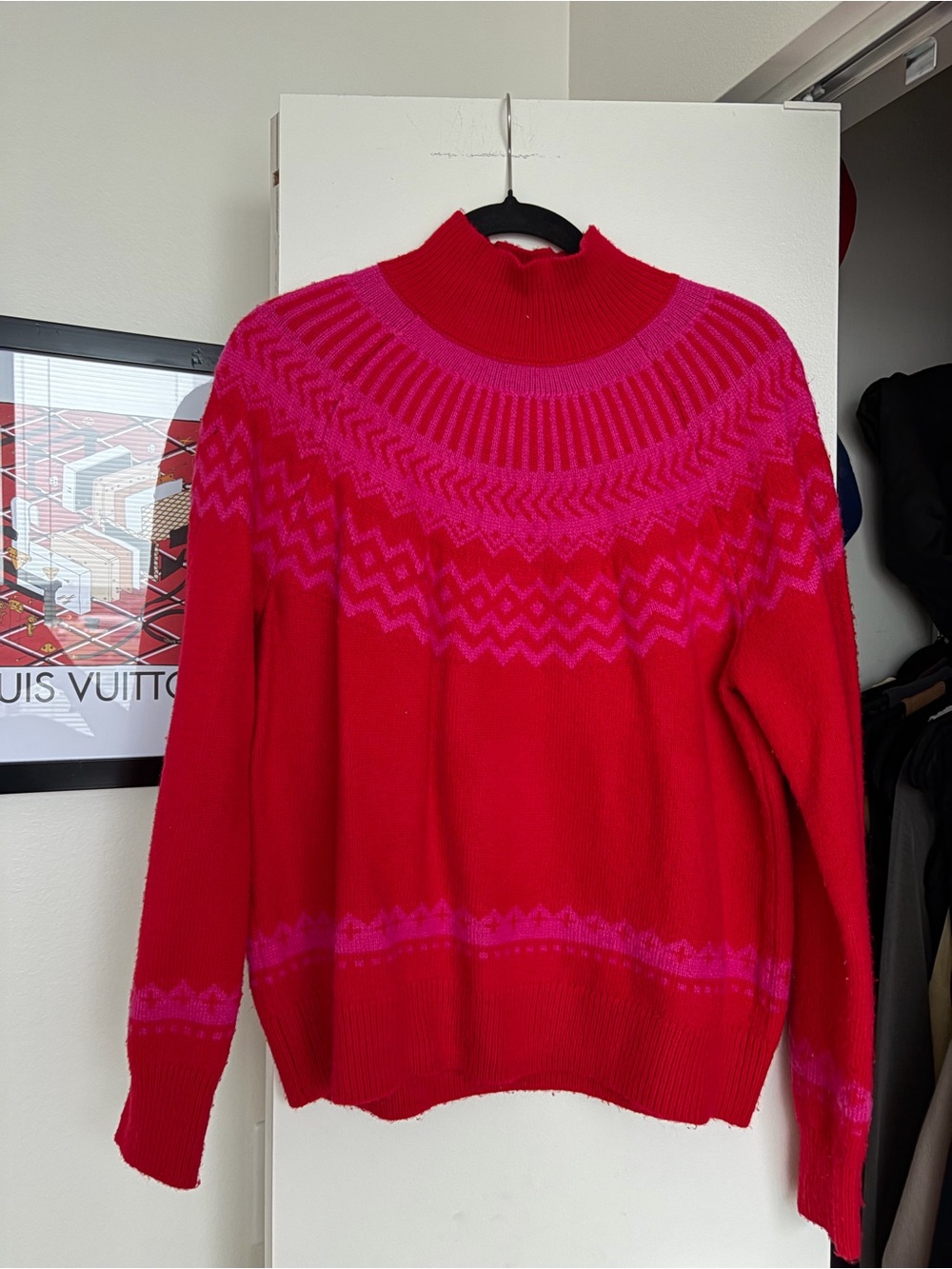 Ann Taylor Red Sweater with Pink Yoke Pattern